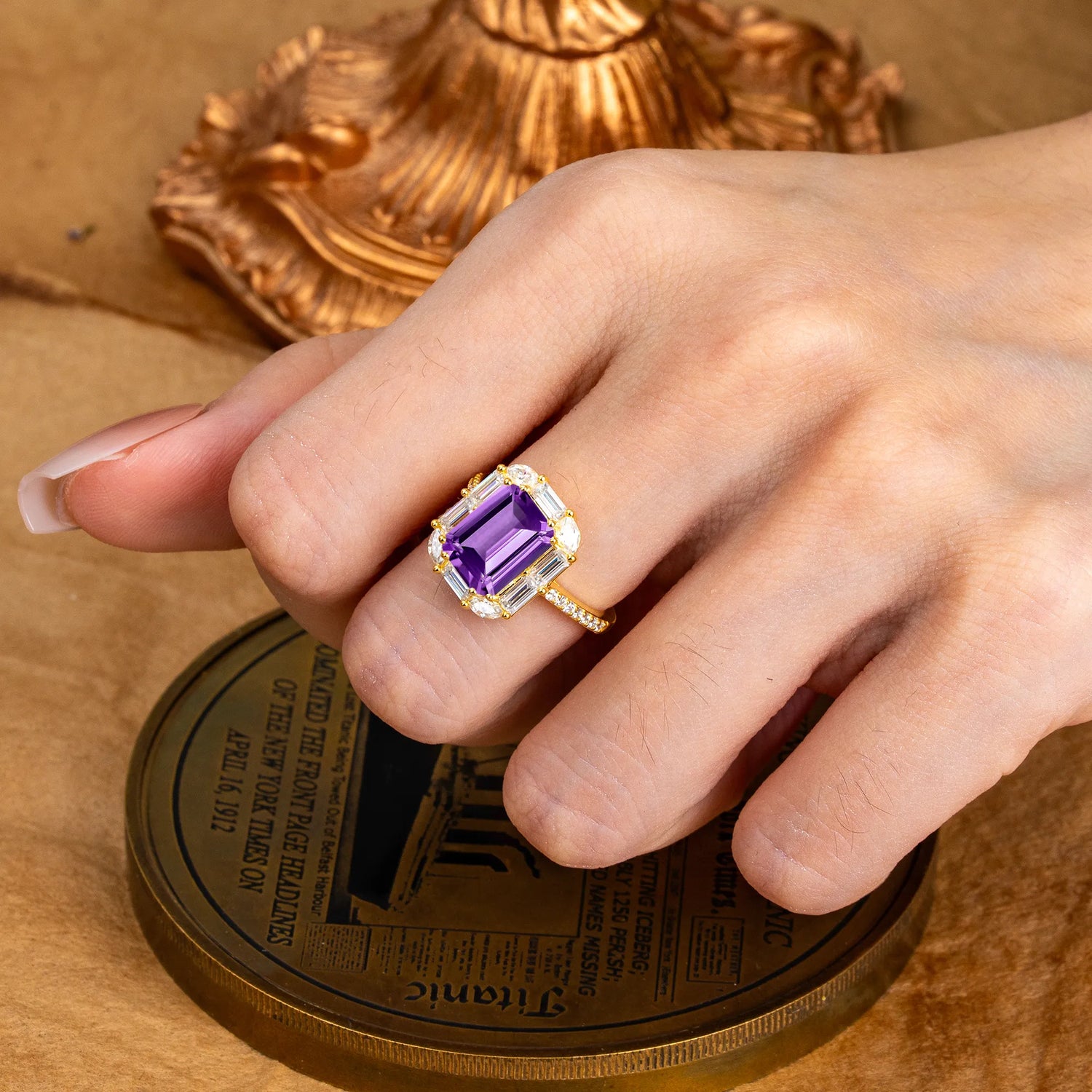 4CT Emerald Cut Amethyst Engagement Ring Pave Halo Bridal Ring