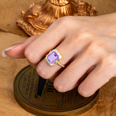 4CT Emerald Cut Amethyst Engagement Ring Pave Halo Bridal Ring