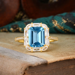 4CT Emerald Cut 8 Prong Aquamarine Engagement Ring Pave Halo Bridal Ring