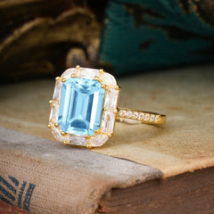 4CT Emerald Cut 8 Prong Aquamarine Engagement Ring Pave Halo Bridal Ring