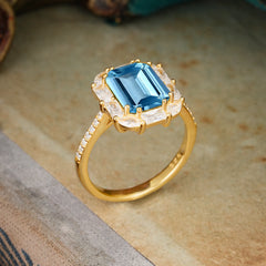 4CT Emerald Cut 8 Prong Aquamarine Engagement Ring Pave Halo Bridal Ring