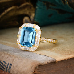 4CT Emerald Cut 8 Prong Aquamarine Engagement Ring Pave Halo Bridal Ring