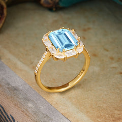 4CT Emerald Cut 8 Prong Aquamarine Engagement Ring Pave Halo Bridal Ring