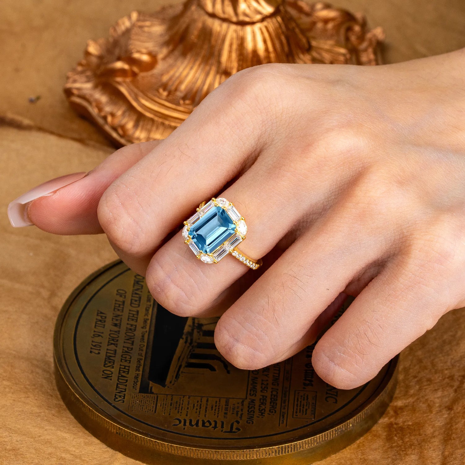 4CT Emerald Cut 8 Prong Aquamarine Engagement Ring Pave Halo Bridal Ring