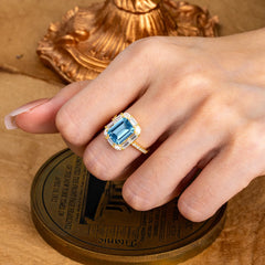 4CT Emerald Cut 8 Prong Aquamarine Engagement Ring Pave Halo Bridal Ring