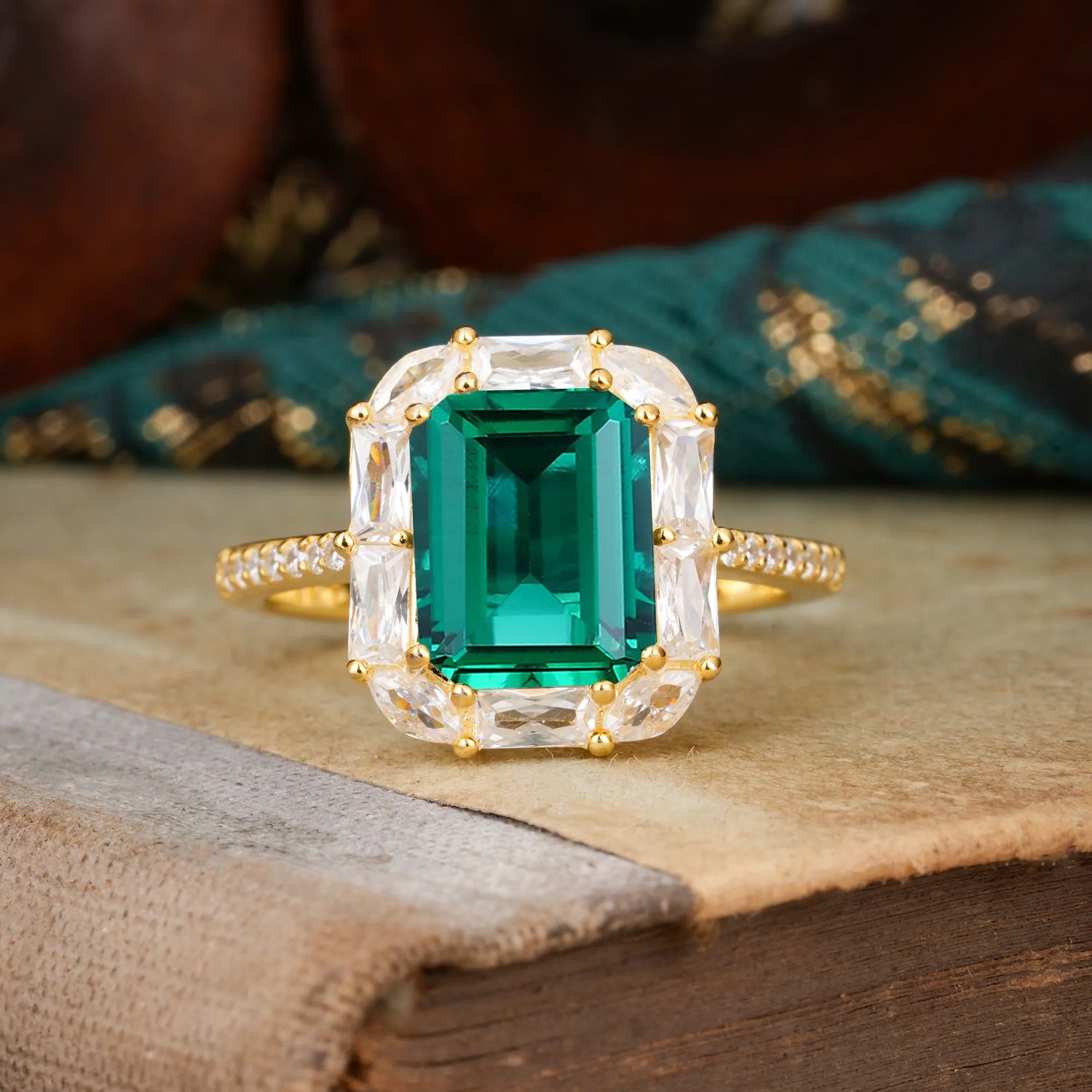 4CT Emerald Cut 8 Prong Emerald Engagement Ring Pave Halo Bridal Ring
