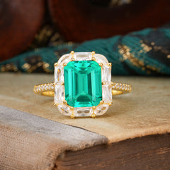 4CT Emerald Cut 8 Prong Emerald Engagement Ring Pave Halo Bridal Ring