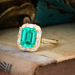 4CT Emerald Cut 8 Prong Emerald Engagement Ring Pave Halo Bridal Ring