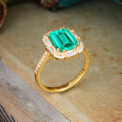 4CT Emerald Cut 8 Prong Emerald Engagement Ring Pave Halo Bridal Ring