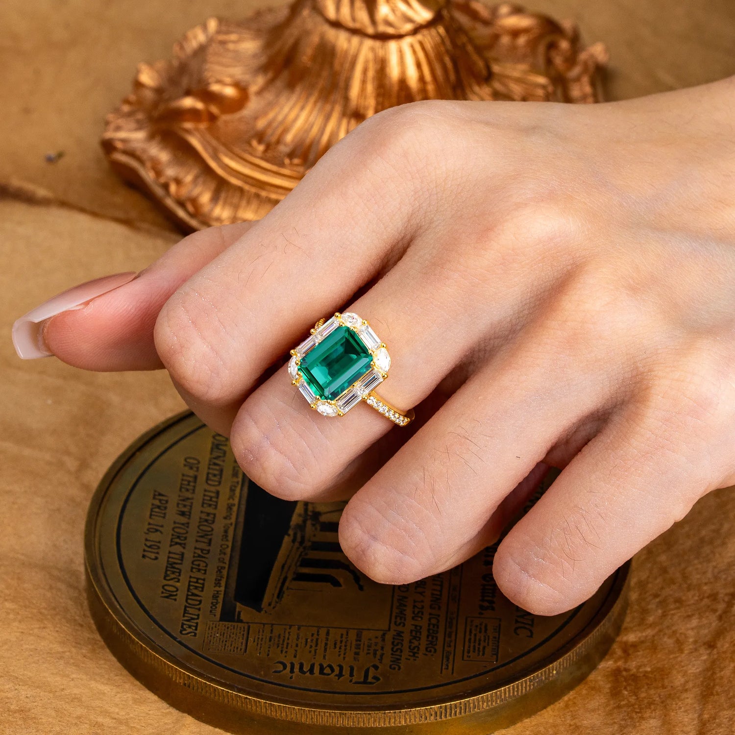 4CT Emerald Cut 8 Prong Emerald Engagement Ring Pave Halo Bridal Ring
