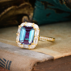 4CT Emerald Cut Alexandrite Engagement Ring Pave Halo Bridal Ring