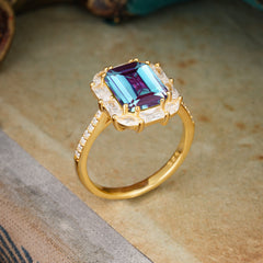 4CT Emerald Cut Alexandrite Engagement Ring Pave Halo Bridal Ring