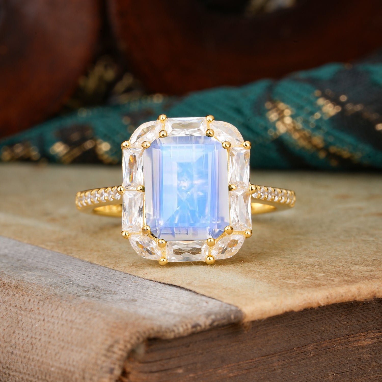 4CT Emerald Cut Moonstone Engagement Ring Pave Halo Bridal Ring
