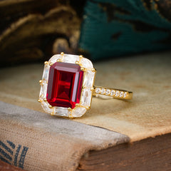 4CT Emerald Cut Ruby Engagement Ring Pave Halo Bridal Ring