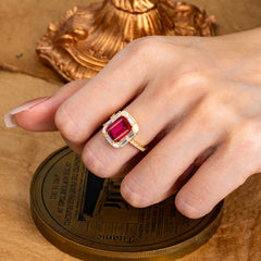 4CT Emerald Cut Ruby Engagement Ring Pave Halo Bridal Ring