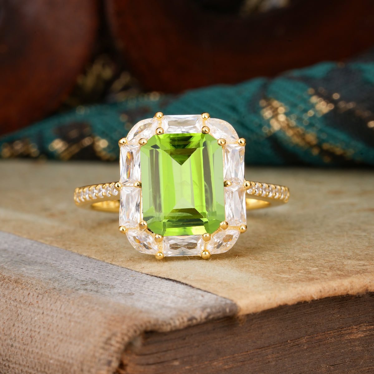 4CT Emerald Cut Peridot Engagement Ring Pave Halo Bridal Ring     - Additional view