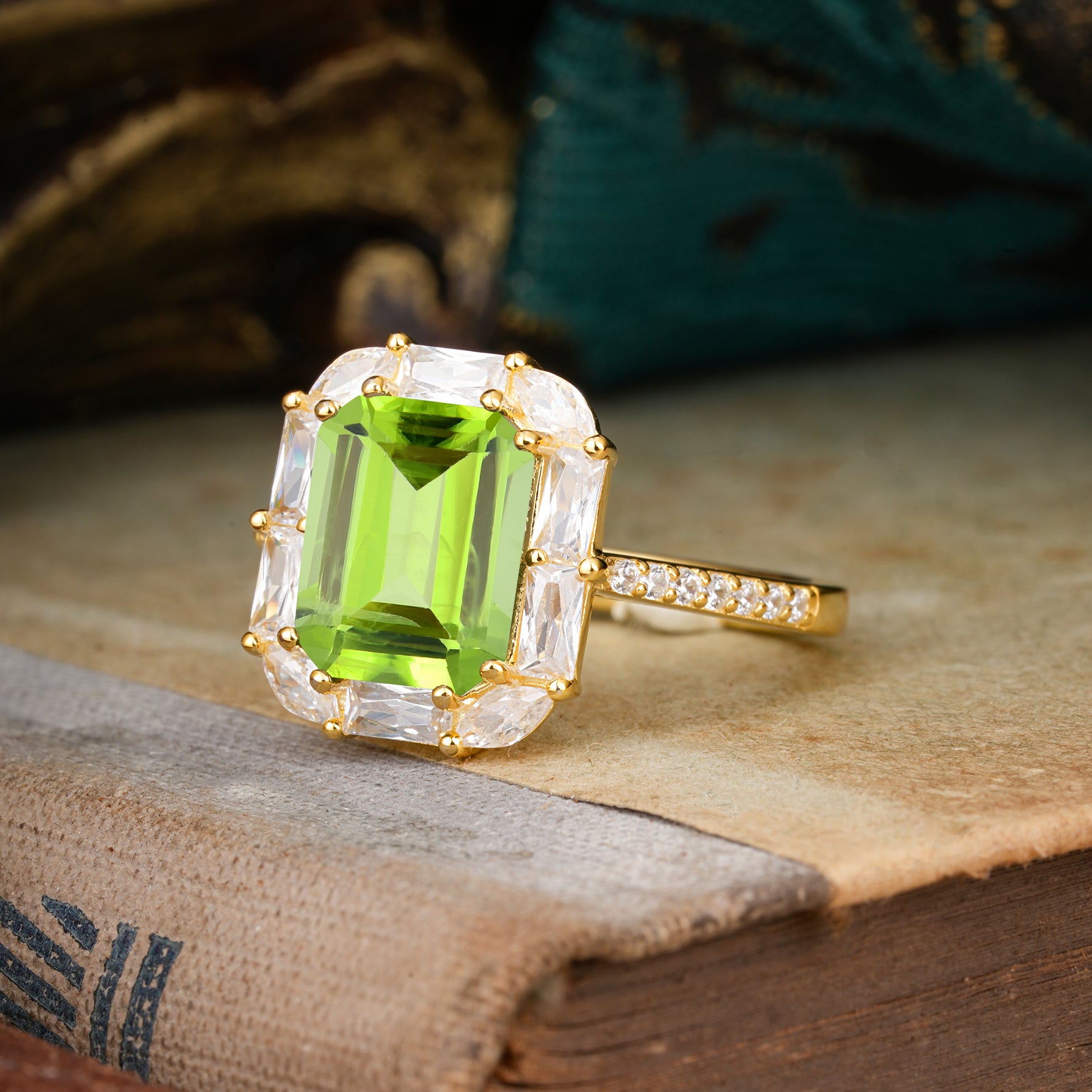 4CT Emerald Cut Peridot Engagement Ring Pave Halo Bridal Ring     - Additional view