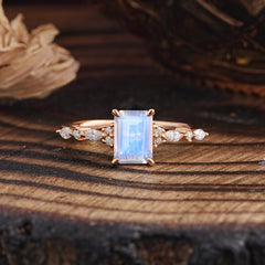 4 Prong Timeless Emerald Cut Moonstone Engagement Ring