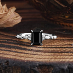 4 Prong Timeless Emerald Cut Black Onyx Engagement Ring