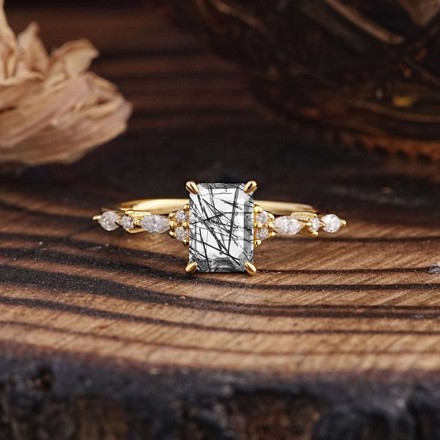 4 Prong Timeless Emerald Cut Black Rutilated Quartz Engagement Ring