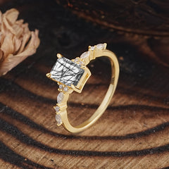 4 Prong Timeless Emerald Cut Black Rutilated Quartz Engagement Ring