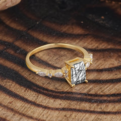 4 Prong Timeless Emerald Cut Black Rutilated Quartz Engagement Ring