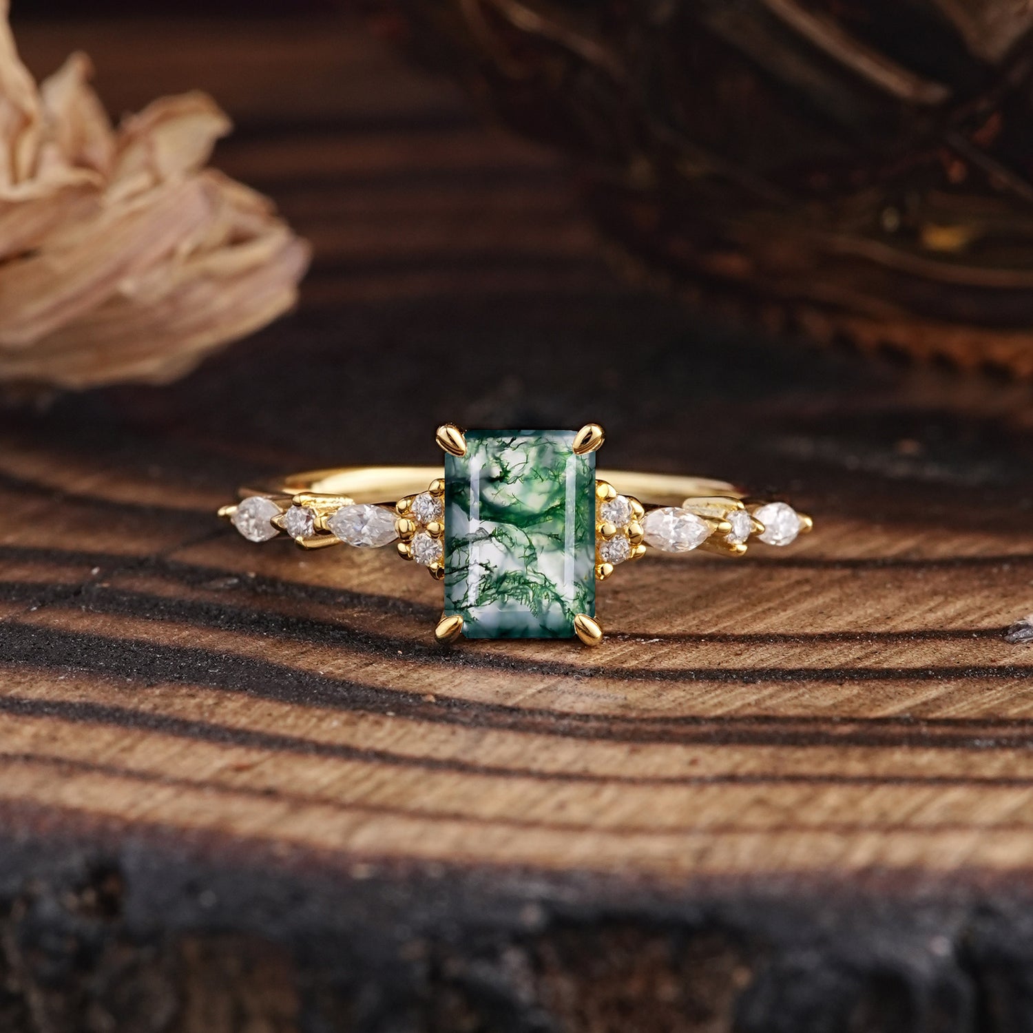 4 Prong Timeless Emerald Cut Natural Moss Agate Engagement Ring