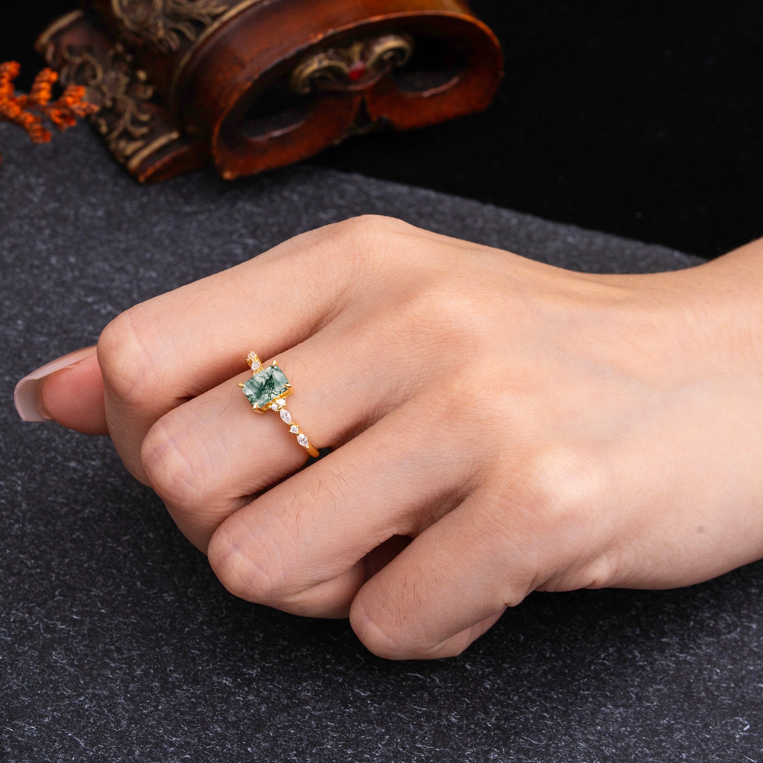 4 Prong Timeless Emerald Cut Natural Moss Agate Engagement Ring