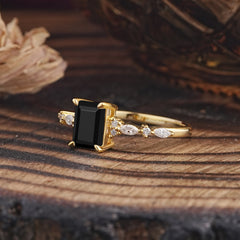 4 Prong Timeless Emerald Cut Black Onyx Engagement Ring