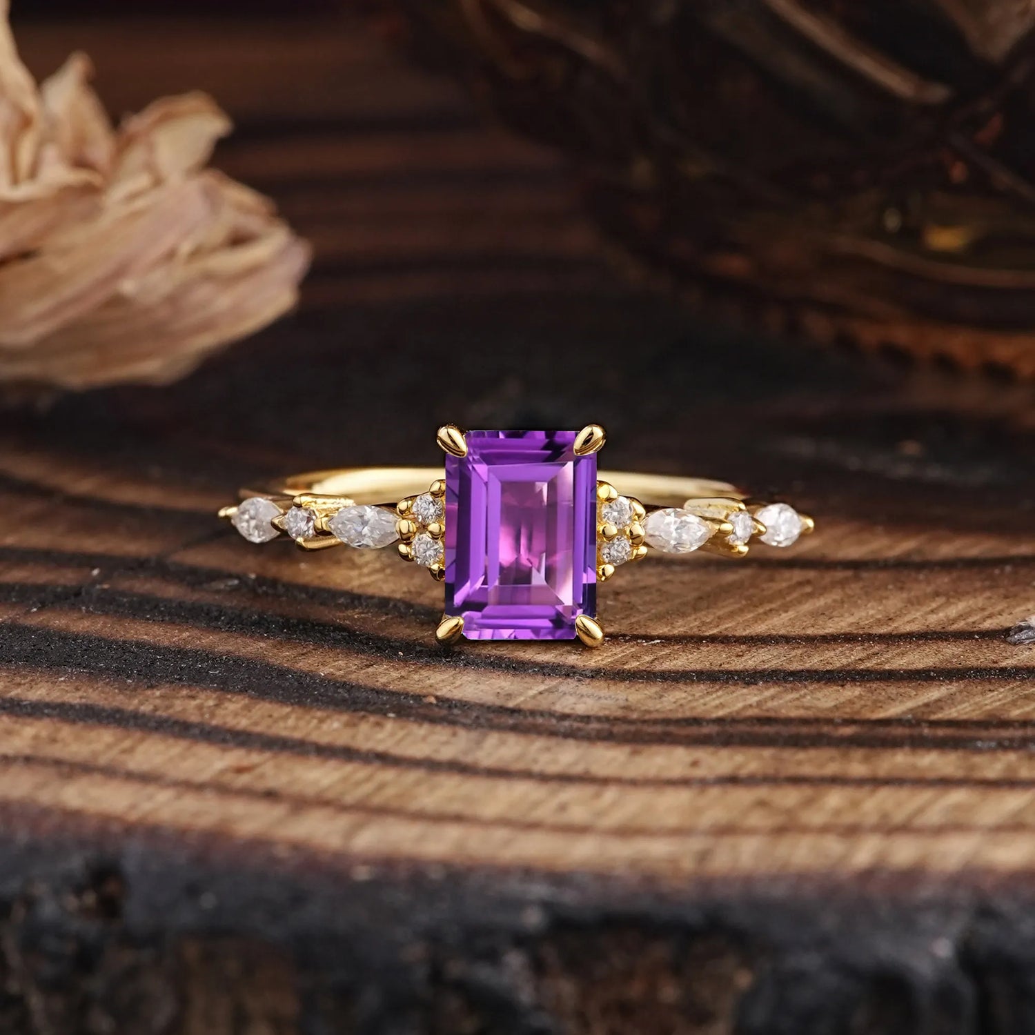 4 Prong Timeless Emerald Cut Amethyst Engagement Ring