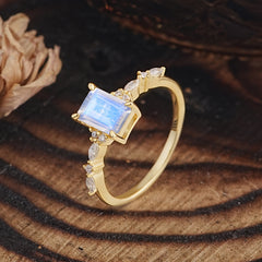4 Prong Timeless Emerald Cut Moonstone Engagement Ring