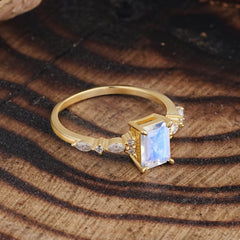 4 Prong Timeless Emerald Cut Moonstone Engagement Ring