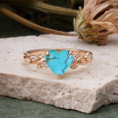 Classic 3 Prong Heart Cut Turquoise Leaf Engagement Ring
