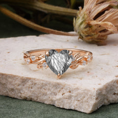 Classic 3 Prong Heart Cut Black Rutilated Quartz Leaf Engagement Ring