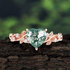 Classic Heart Cut Natural Moss Agate Leaf Engagement Ring