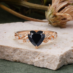 Classic 3 Prong Heart Cut Black Onyx Leaf Engagement Ring