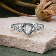Classic 3 Prong Heart Cut Black Rutilated Quartz Leaf Engagement Ring
