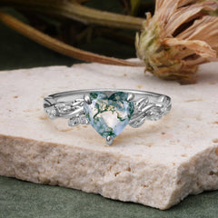 Classic Heart Cut Natural Moss Agate Leaf Engagement Ring