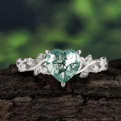 Classic Heart Cut Natural Moss Agate Leaf Engagement Ring