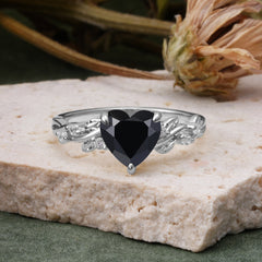 Classic 3 Prong Heart Cut Black Onyx Leaf Engagement Ring