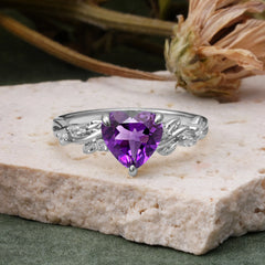 Classic 3 Prong Heart Cut Amethyst Leaf Engagement Ring