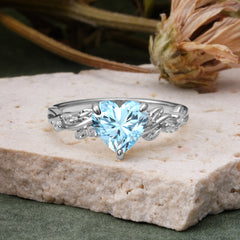 Classic 3 Prong Heart Cut Aquamarine Leaf Engagement Ring