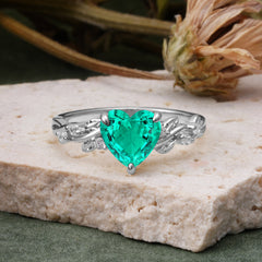 Classic 3 Prong Heart Cut Emerald Leaf Engagement Ring