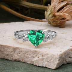 Classic 3 Prong Heart Cut Emerald Leaf Engagement Ring