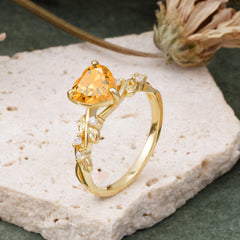 Classic 3 Prong Heart Cut Citrine Leaf Engagement Ring