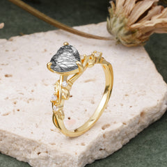 Classic 3 Prong Heart Cut Black Rutilated Quartz Leaf Engagement Ring