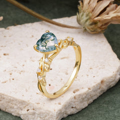 Classic Heart Cut Natural Moss Agate Leaf Engagement Ring