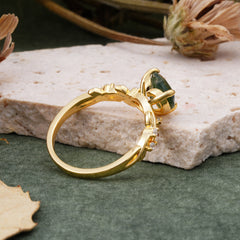 Classic Heart Cut Natural Moss Agate Leaf Engagement Ring