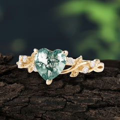 Classic Heart Cut Natural Moss Agate Leaf Engagement Ring