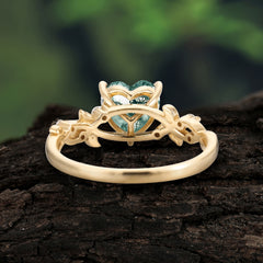 Classic Heart Cut Natural Moss Agate Leaf Engagement Ring